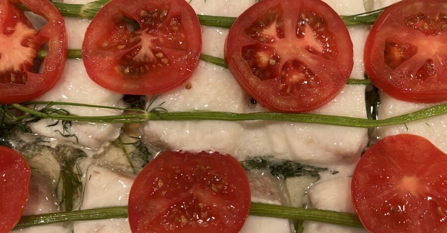 BAKED COD WITH TOMATOES AND SCALLIONS