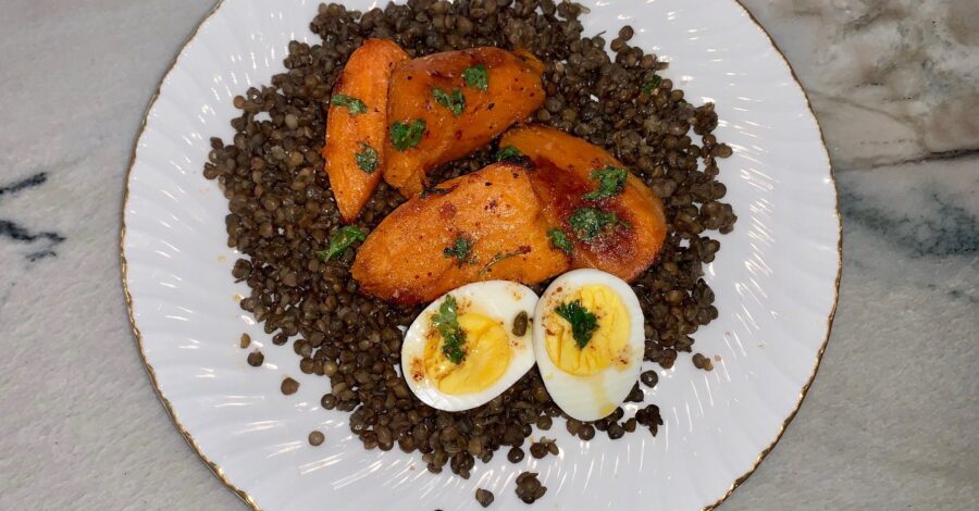 Quarantine Cooking: Lentils with Roasted Spiced Sweet Potatoes